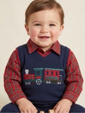 Vintage Good Lad Navy Sweater Vest with Red Plaid Shirt and Train Embroidery 18m